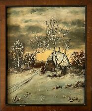 Charmantes kleines Ölbild Winterlandschaft mit haus 19. Jahrhundert signiert