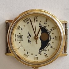 M&M Damen-Armbanduhr, vergoldet, Mondphasen, römische Ziffern und Datumsanzeige