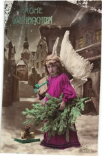 AK Weihnachten Glückwunsch Engel Tannenzweig Foto coloriert Kleinformat