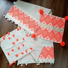 Decke 120x160cm/2 Kissenbezüge 45x45cm Natur/Neon Orange/Retro Ethno/Bommel Neu!