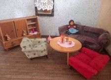 ♛altes Puppenstuben Zubehör Tisch, 2Sessel , Sofa  und Schrank Top ♛