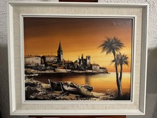 Caren – Südliche Stadtansicht mit Palmen, Öl/Acryl auf Leinwand, datiert 1983