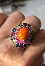 925 Silber Feueropal Ring Gr. 60 mit Rubin, Saphir, Peridot, Granat, Topas