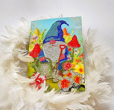 "Wichtel im Garten" wunderschöne Kunsthandwerk Klappkarte mit Strass-Malerei.