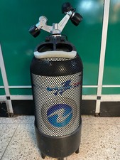 Aqualung Tauchflasche 12 Liter TAG Ventil + Netz + Scubapro Tragegriff+Standfuß