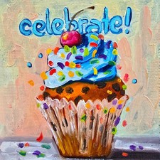 Festlicher Muffin – Ölgemälde mit Kirsche 13x13 cm Ölbild auf Leinwandgewebe