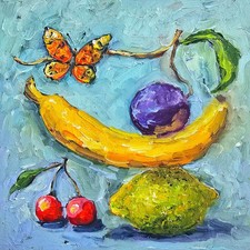 Obst und Schmetterling Ölbild