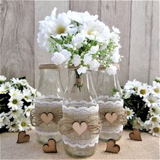 3 x Blumenvasen Vintage Landhaus Deko Flasche Glas Vase Jute Tischdeko Hochzeit