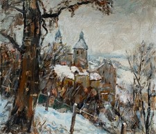 Ölbild Impressionist Alexander Kwiatkowski Winterlandschaft Polen