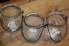 3er Set Windlicht aus Klarglas mit Metallbügel z. Aufhängen, H 9,5 cm