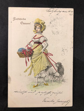 AK antike Litho Postkarte - OSTERN 1903 - Marketenderin mit großem Ei & Schafen