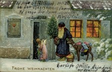 Ak Glückwunsch Weihnachten, Engel an der Tür, Weihnachtsmann, Reh - 11463785