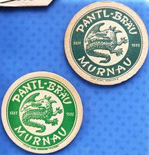 2 verschiedene alte Bierdeckel Pantl-Bräu Murnau um 1940-50 mit Impressum