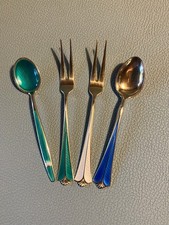 4x David Andersen Gabel Löffel 925 Sterling Silber Emaille Norway - 38g - toll!
