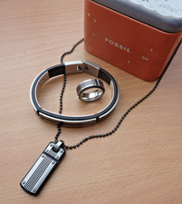 FOSSIL Herren Schmuckset Kette Ring ArmbandAnhänger Silber Edelstahl TOP