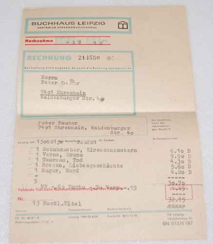 Rechnung buchhaus leipzig ddr - leipzig,
