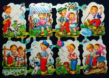 Glanzbilder, Oblaten, Bogen Nr. 98-105, Logo "Krüger"  spielende Kinder Vintage