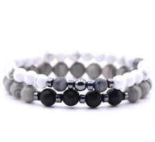 HERREN ARMBAND 2ER-SET UNISEX HERREN  PERLEN FLEXIBEL SCHWARZ WEISS GRAU