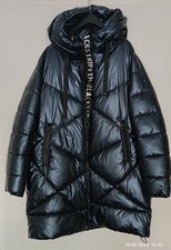 Alba Moda Dame Long-Steppjacke Steppmantel metallic blau glänzend mit Kapuze 