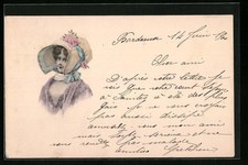 Ansichtskarte Dame mit Blumen am Hut, Biedermeier 1900 