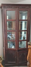 ANTIK Eckschrank Vitrine Massivholz | Glasschrank Kolonialstil | Dunkles Holz