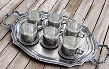 Zinngeschirr mit Tablett 6 Teegläser  6 Untersetzer Zinn Frieling