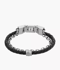 Fossil All Stacked Up Herren Armband Edelstahl Leder Schwarz Armkette NEU OVP