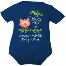 Kurzarm Baby Body personalisiert mit Motiv Katze und Geburtsdaten