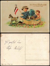 Ansichtskarte  Geburtstag Birthday Patriotika Holzpferd zieht Kinder 1911 Gold