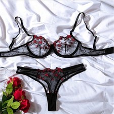 Sexy transparentes Unterwäsche Set mit Stickerei Push Up BH transparent Spitze