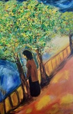 Nachdenkliche Frau,Acrylmalerei auf Leinwand m Keilrahmen,40x60cm,blühende Bäume