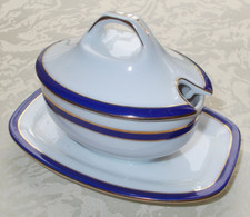 Altes Puppen-Geschirr Terrine mit Deckel Blauband und Goldrand MS Windmühle