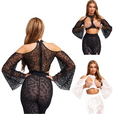 Damen Gothic Oberteil Crop Top Brustfrei Spitzen Bluse Korsett Vampir Kostüm