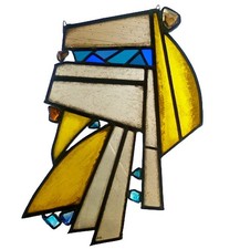 Bleiglas Fenster , Bleiverglasung mit Brocken, abstrakt, Gelb Blau Braun - Töne