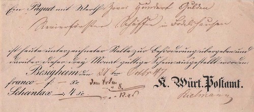 Württemberg postschein aus - württemberg,