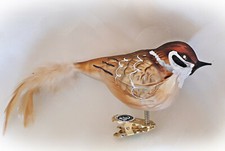 ❀ Spatz Glas Vogel Feld Sperling Feder Lauscha Christbaumschmuck 19cm/9cm 24D