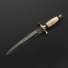 13 Zoll Damast Jagdmesser - handgeschmiedeter Dolch mit Knochengriff & Scheide