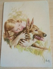 AK-Schäferhund mit Mädchen, Künstlerkarte DDR 1949 signiert