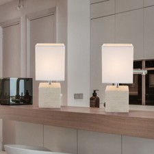 Tischlampe Nachttischleuchte Beistellleuchte Keramik beige Textil weiß 2er Set
