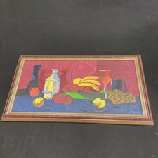 Farbenfrohes Gemälde Stilleben Obst Flaschen und Krug 67x37 Nachlass Signiert