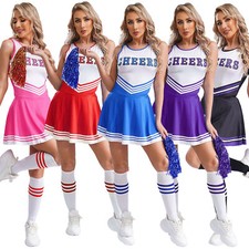 DE Damen Cheerleader Kostüm Cheer Uniform Outfit mit Pompoms Socken Karneval 