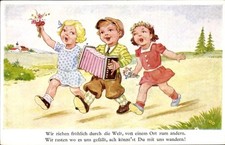 Ak Drei Kinder, Akkordeon, Blumen, Wir ziehen fröhlich durch die... - 4870674