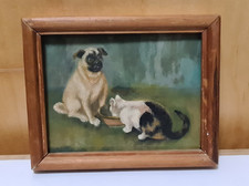 Kleines Originalgemälde Hund & Katze – Öl auf Holz im Holzrahmen – 17 x 14 cm