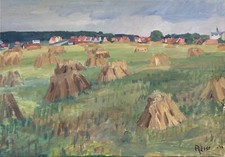 Impressionist Karl Adser 1912-1995 Landschaft mit Kornhocken 46 x 66 cm 1940