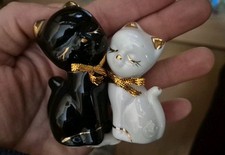 porzellan figuren tiere Katzen Katze Weiß Schwarz Gold