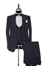 Herren Blau Stift Streifen Anzug Hochzeit Bräutigam Dinner Party (Jacke + Weste