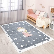 Kinderteppich Grau Prinzessin mit Sternen - Kurzflor Teppich Kinderzimmer