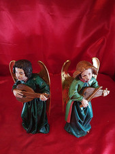 2 Alte Geschnitzte Holz Skulpturen Holzfiguren Gefasst Musizierende Engel (4388)