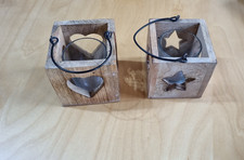 Windlicht Teelichthalter 2er Set Holz Stern und Herz Glaseinsatz