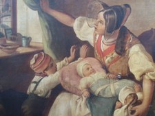 Ölgemälde Familie in einer Bauernstube Öl auf Holz wohl um 1880/90